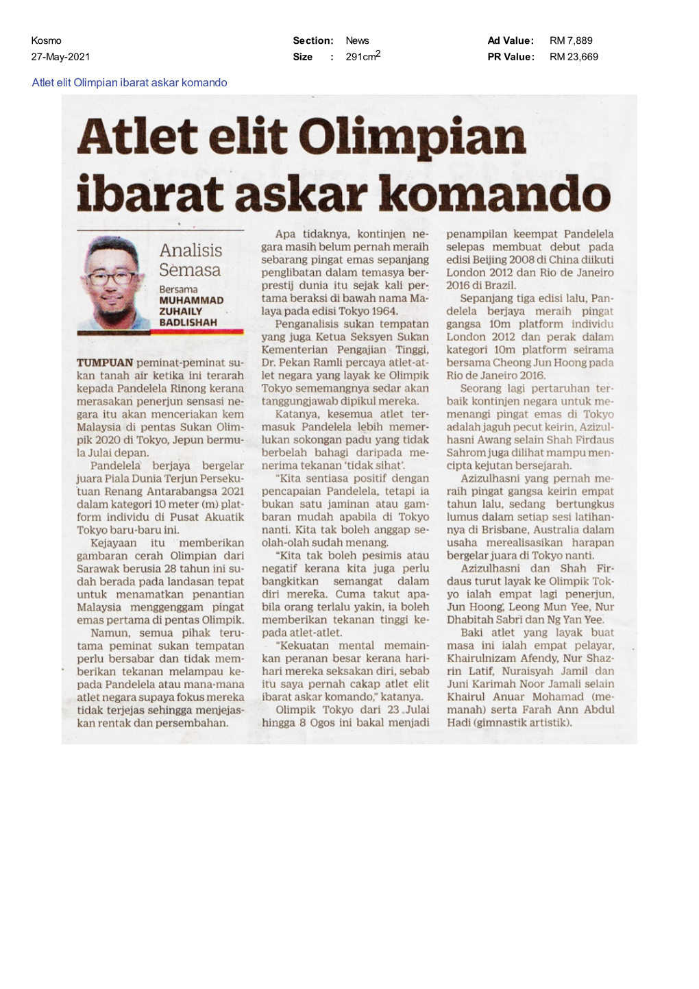 Kosmo Atlet Elit Olimpian Ibarat Askar Komando