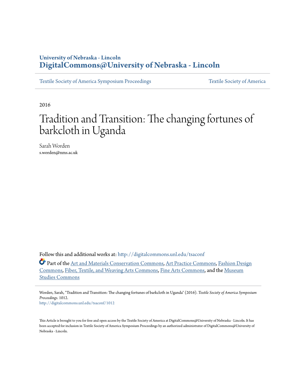 The Changing Fortunes of Barkcloth in Uganda Sarah Worden S.Worden@Nms.Ac.Uk