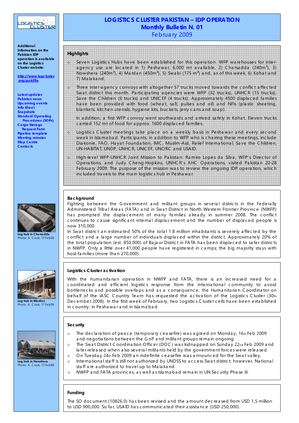 LOGISTICS CLUSTER PAKISTAN – IDP OPERATION Monthly Bulletin N