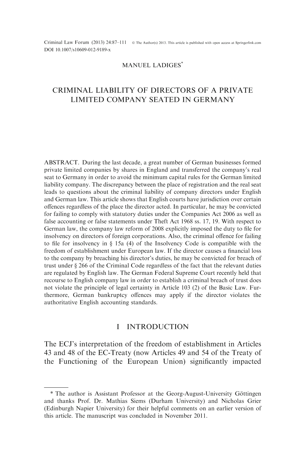 Criminal Liability of Directors of a Private Limited Company Seated in Germany
