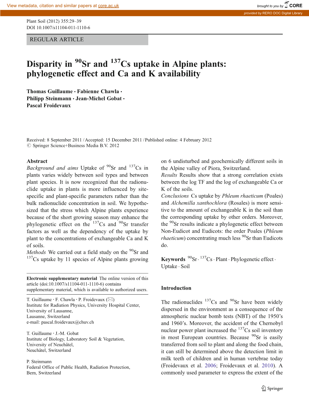 Disparity in Sr and Cs Uptake in Alpine Plants