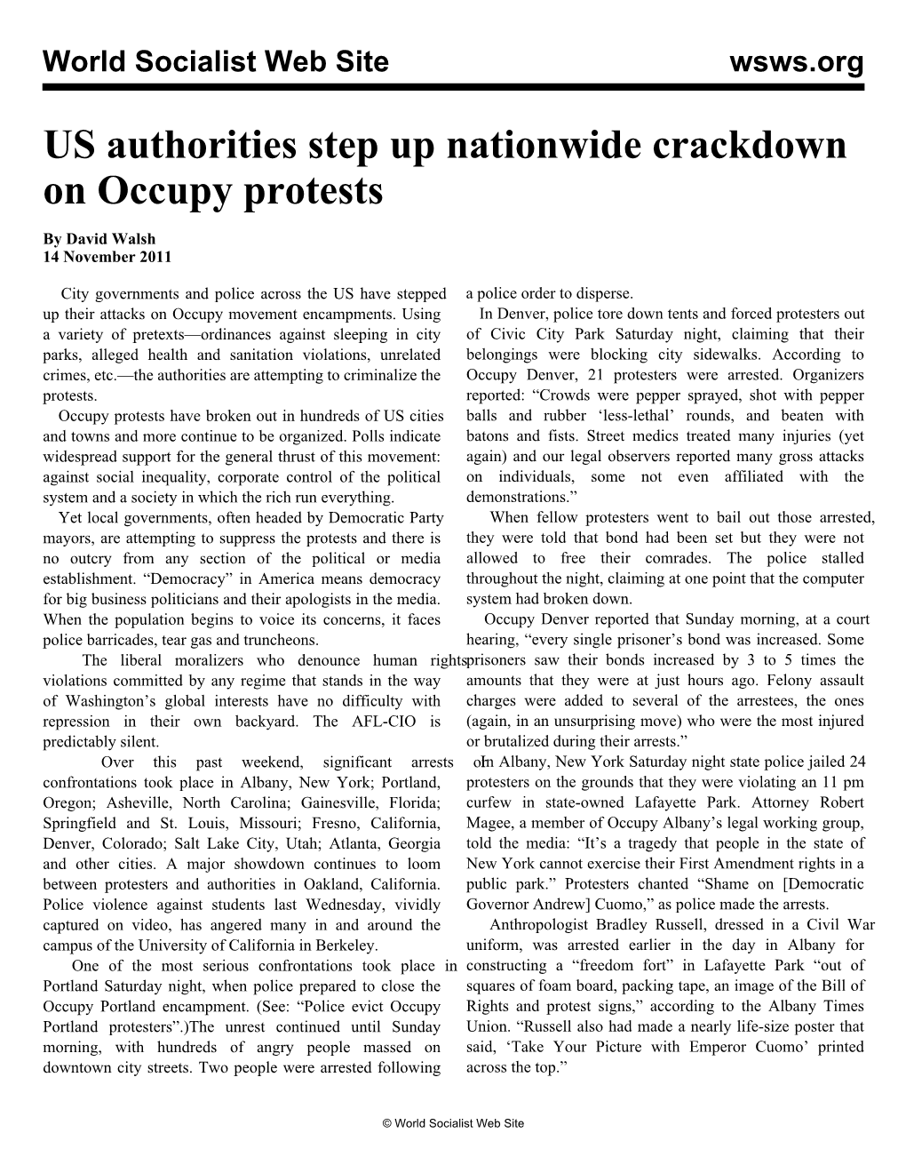 US Authorities Step up Nationwide Crackdown on Occupy Protests