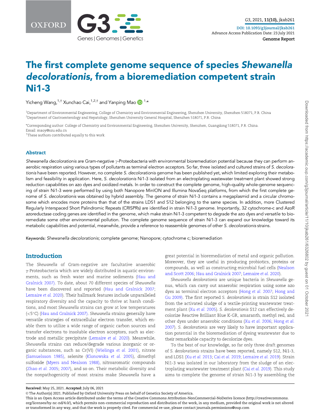 The First Complete Genome Sequence of Species Shewanella Decolorationis, from a Bioremediation Competent Strain Ni1-3