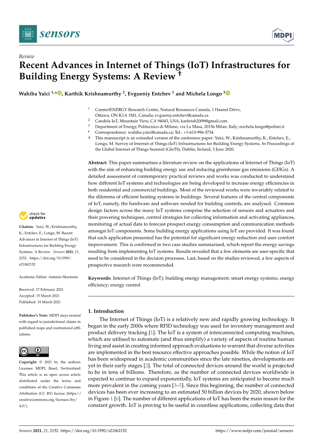 Recent Advances in Internet of Things (Iot) Infrastructures for Building Energy Systems: a Review "2279