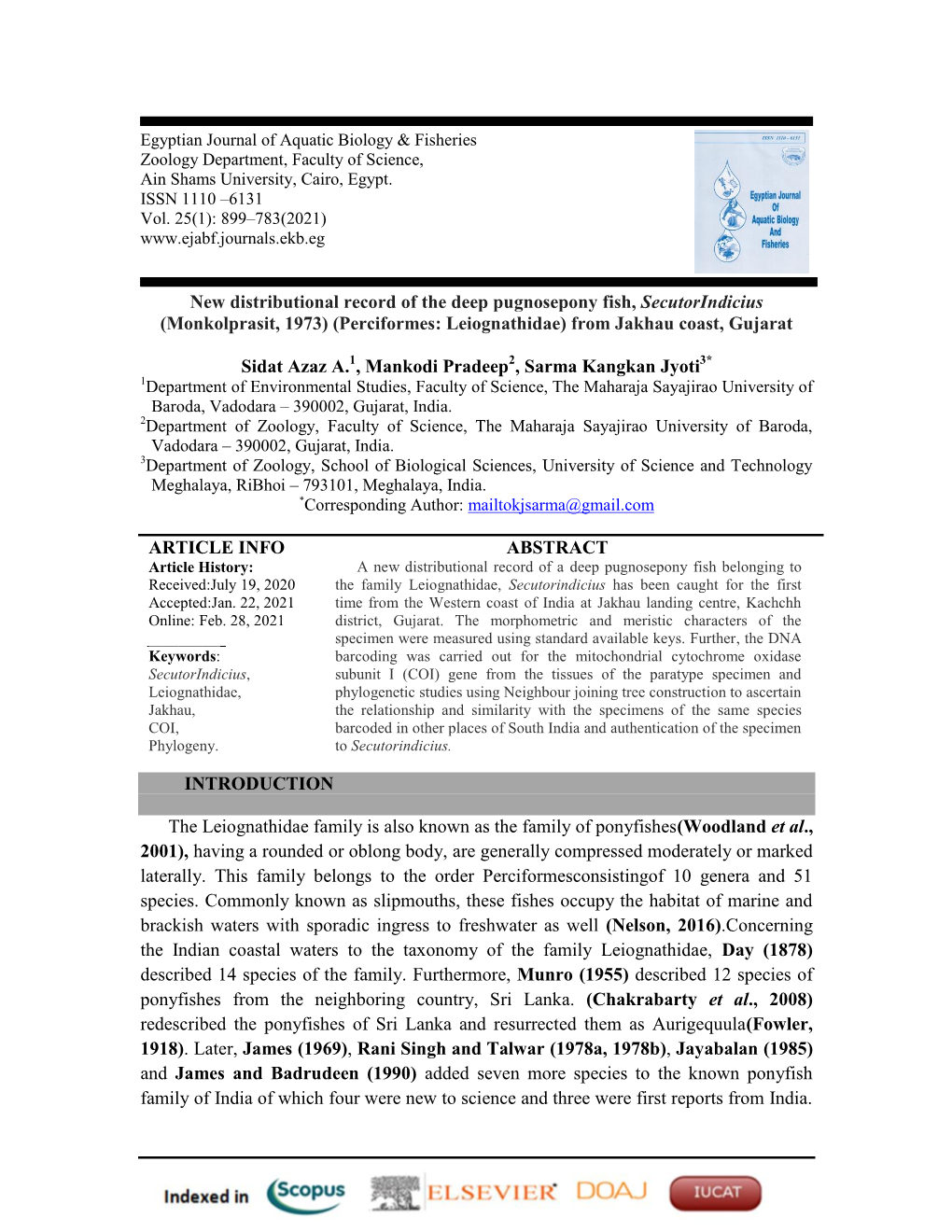 New Distributional Record of the Deep Pugnosepony Fish, Secutorindicius (Monkolprasit, 1973) (Perciformes: Leiognathidae) from Jakhau Coast, Gujarat