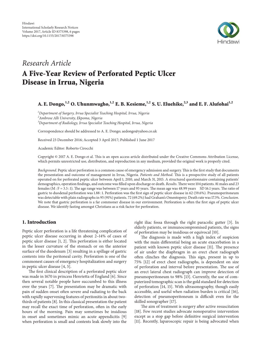 Research Article a Five-Year Review of Perforated Peptic Ulcer Disease in Irrua, Nigeria