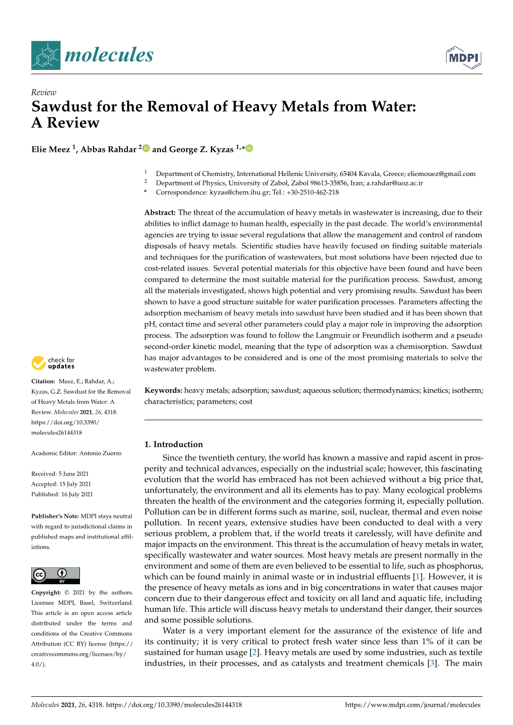 Sawdust for the Removal of Heavy Metals from Water: a Review