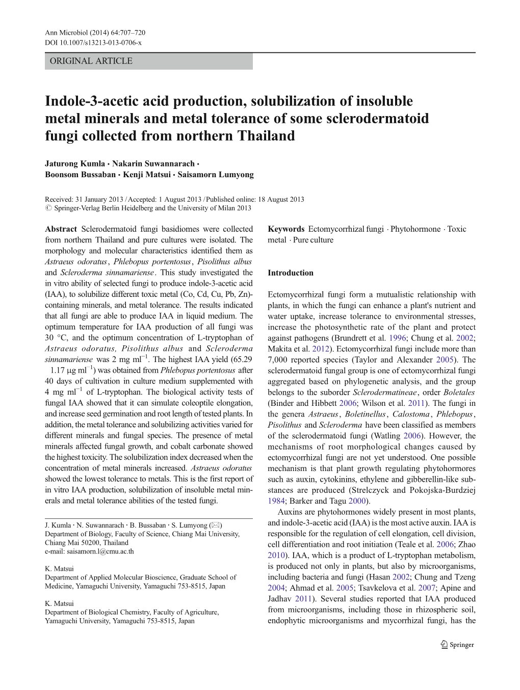 Indole-3-Acetic Acid Production, Solubilization of Insoluble Metal Minerals and Metal Tolerance of Some Sclerodermatoid Fungi Collected from Northern Thailand