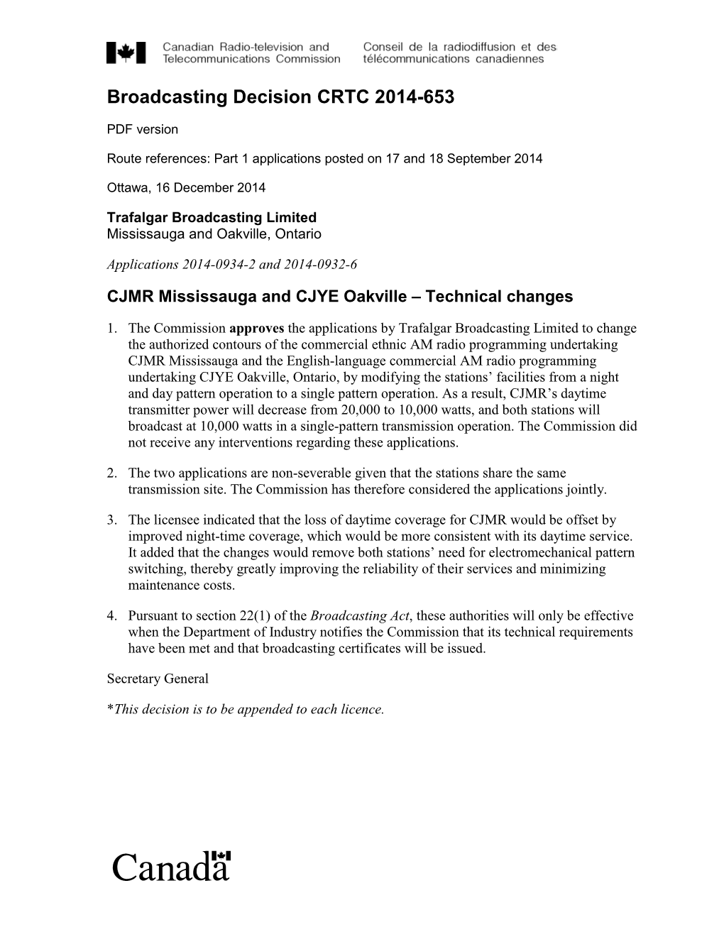 CJMR Mississauga and CJYE Oakville – Technical Changes