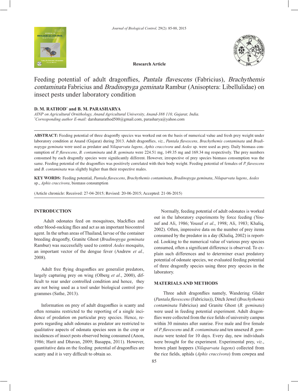 Brachythemis Contaminata Fabricius and Bradinopyga Geminata Rambur (Anisoptera: Libellulidae) on Insect Pests Under Laboratory Condition