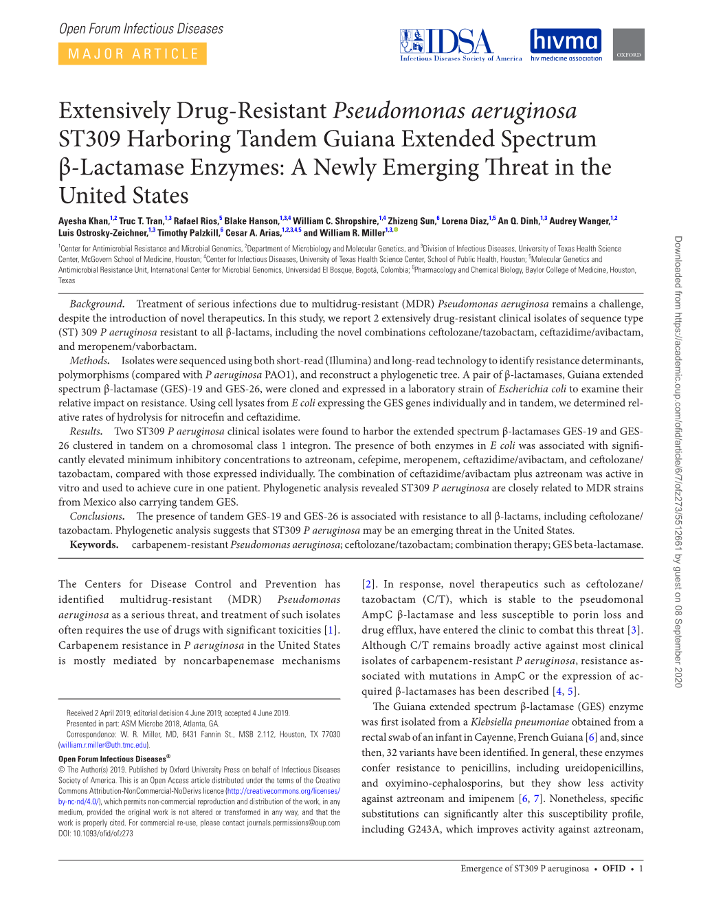 Extensively Drug-Resistant Pseudomonas Aeruginosa ST309