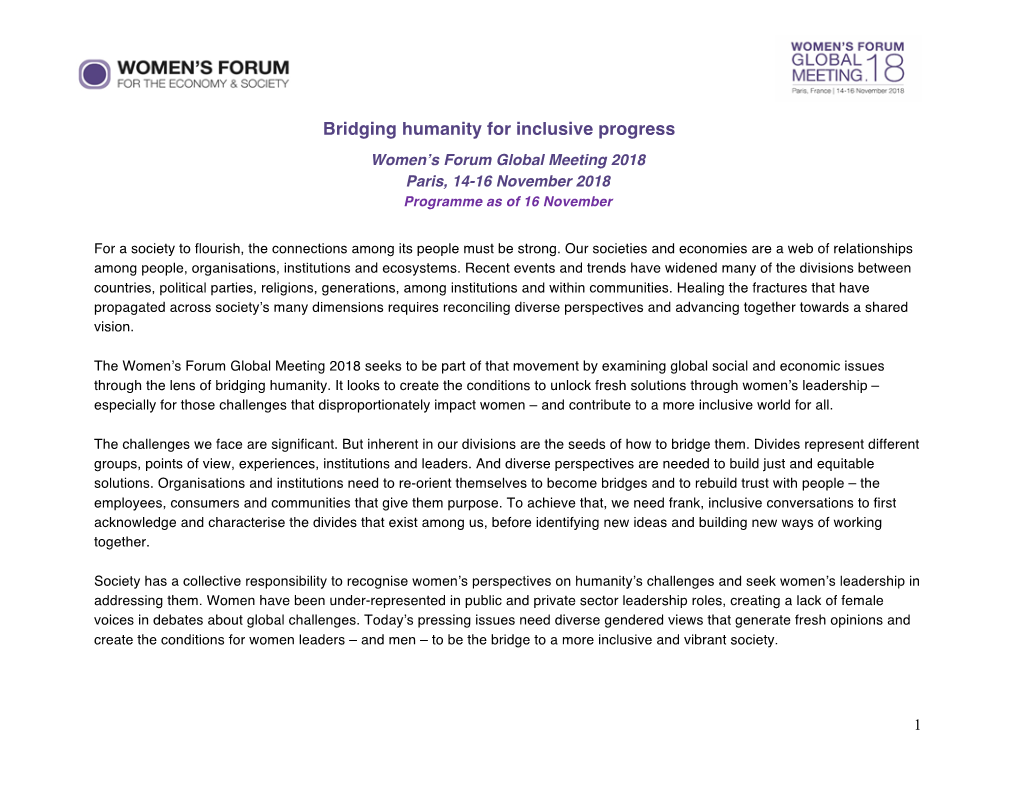 Bridging Humanity for Inclusive Progress Women’S Forum Global Meeting 2018 Paris, 14-16 November 2018 Programme As of 16 November