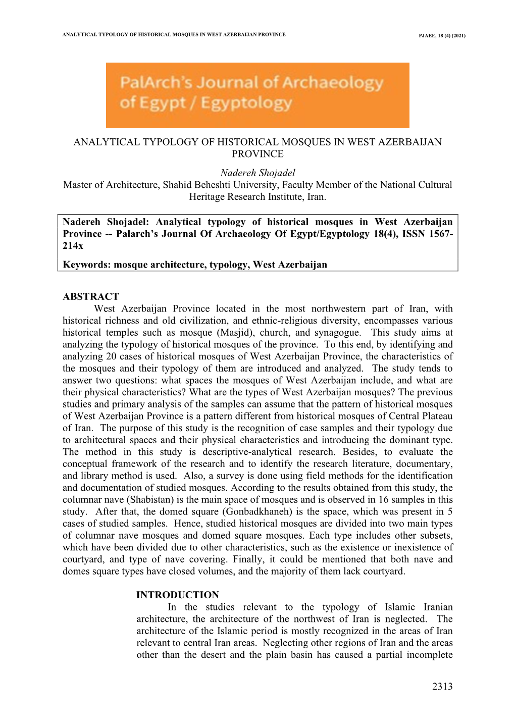 2313 Analytical Typology of Historical Mosques In