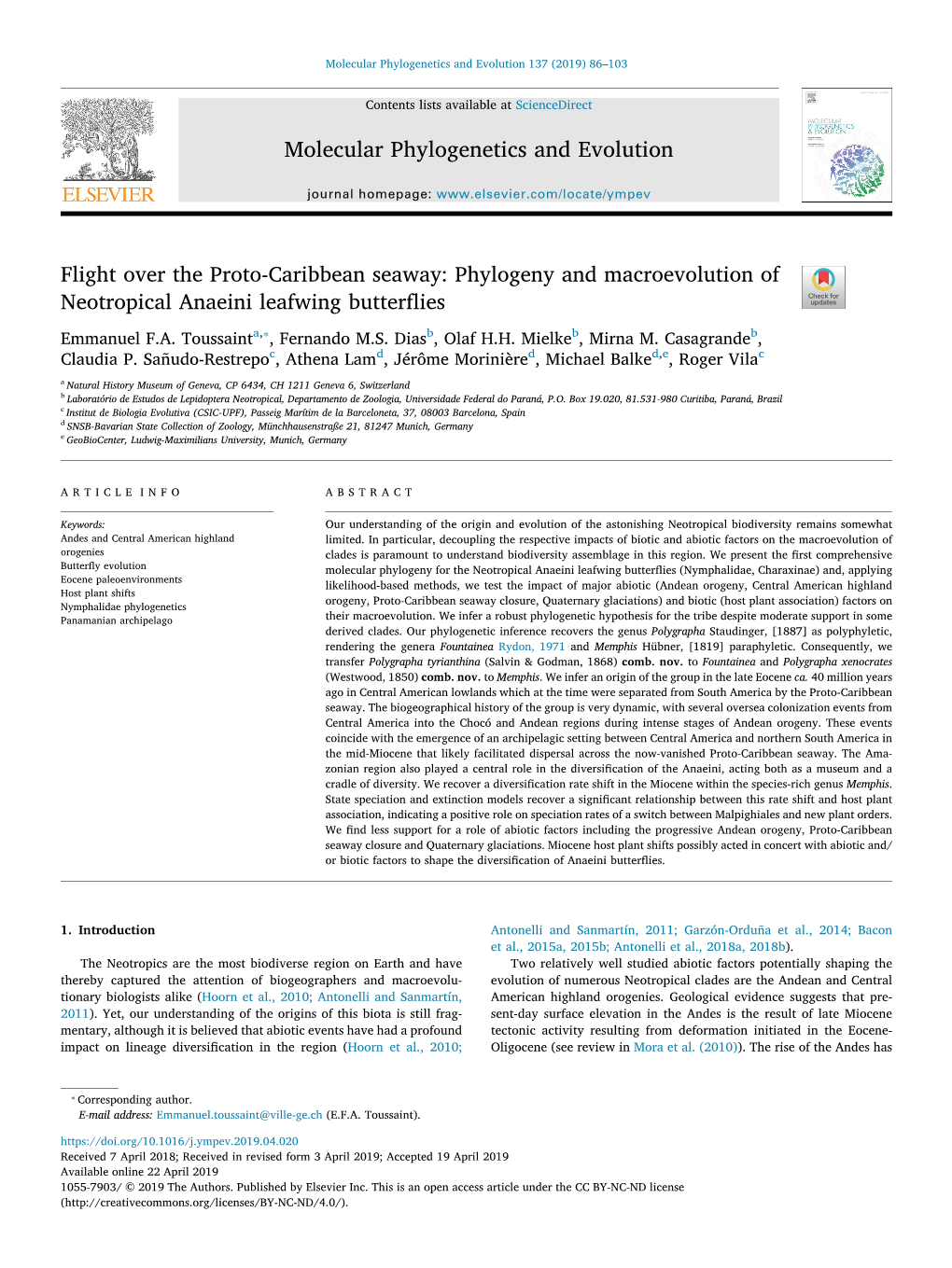 Publications Files/2019 Toussaint Et Al Anaeini Leafwing Butterflies.Pdf