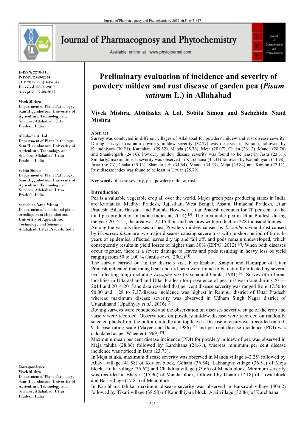 Preliminary Evaluation of Incidence and Severity of Powdery Mildew And