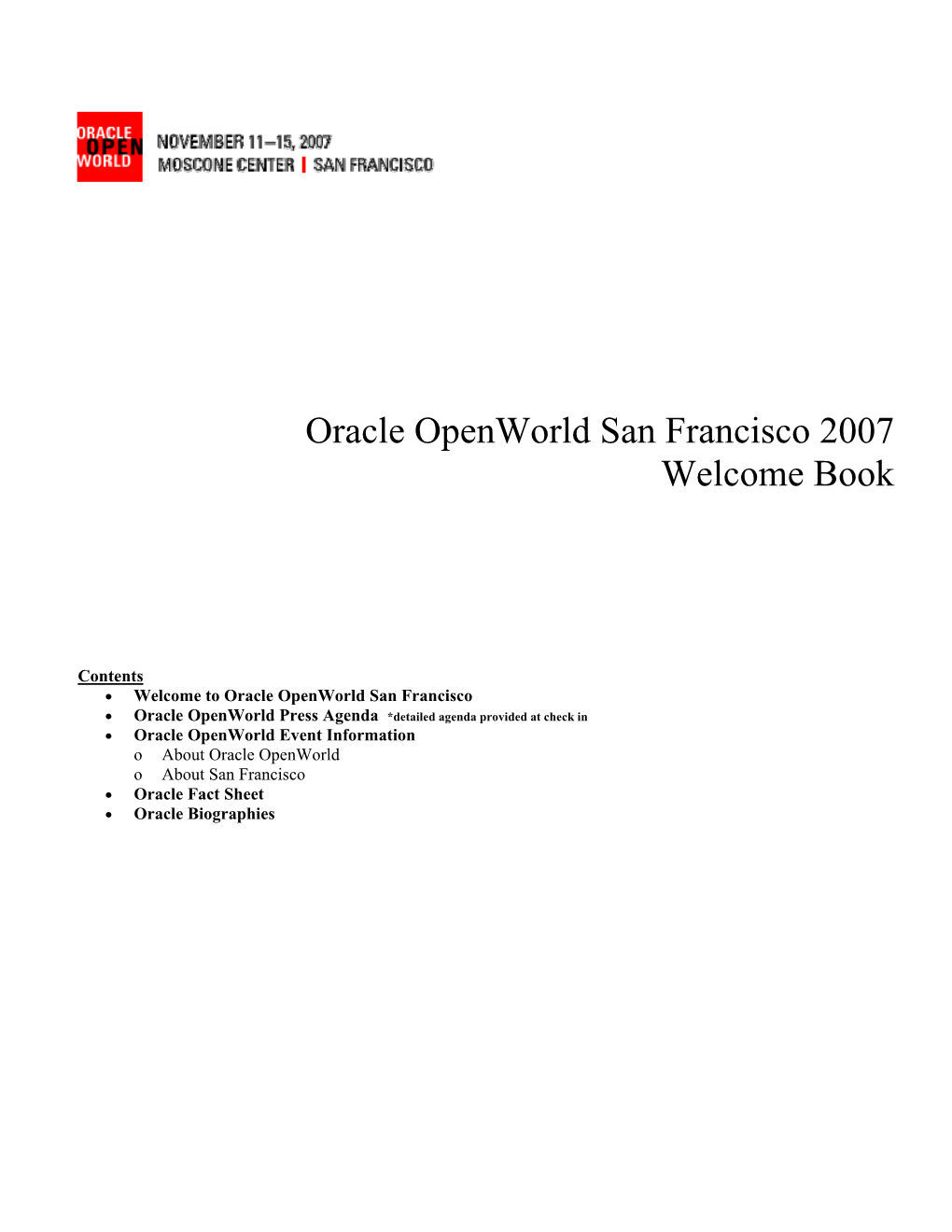 Oracle Openworld San Francisco 2007 Welcome Book