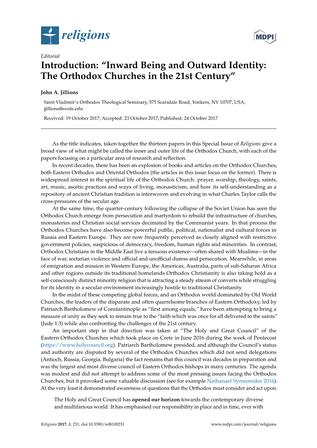 Inward Being and Outward Identity: the Orthodox Churches in the 21St Century”