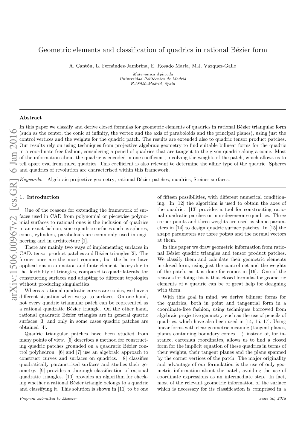 Arxiv:1506.00967V2 [Cs.GR] 6 Jan 2016 N Lsiyn T Hsslto Ssoni 1]T Eone Be to [11] Elsevier in to Submitted Shown Preprint Is Solution This Quadric It