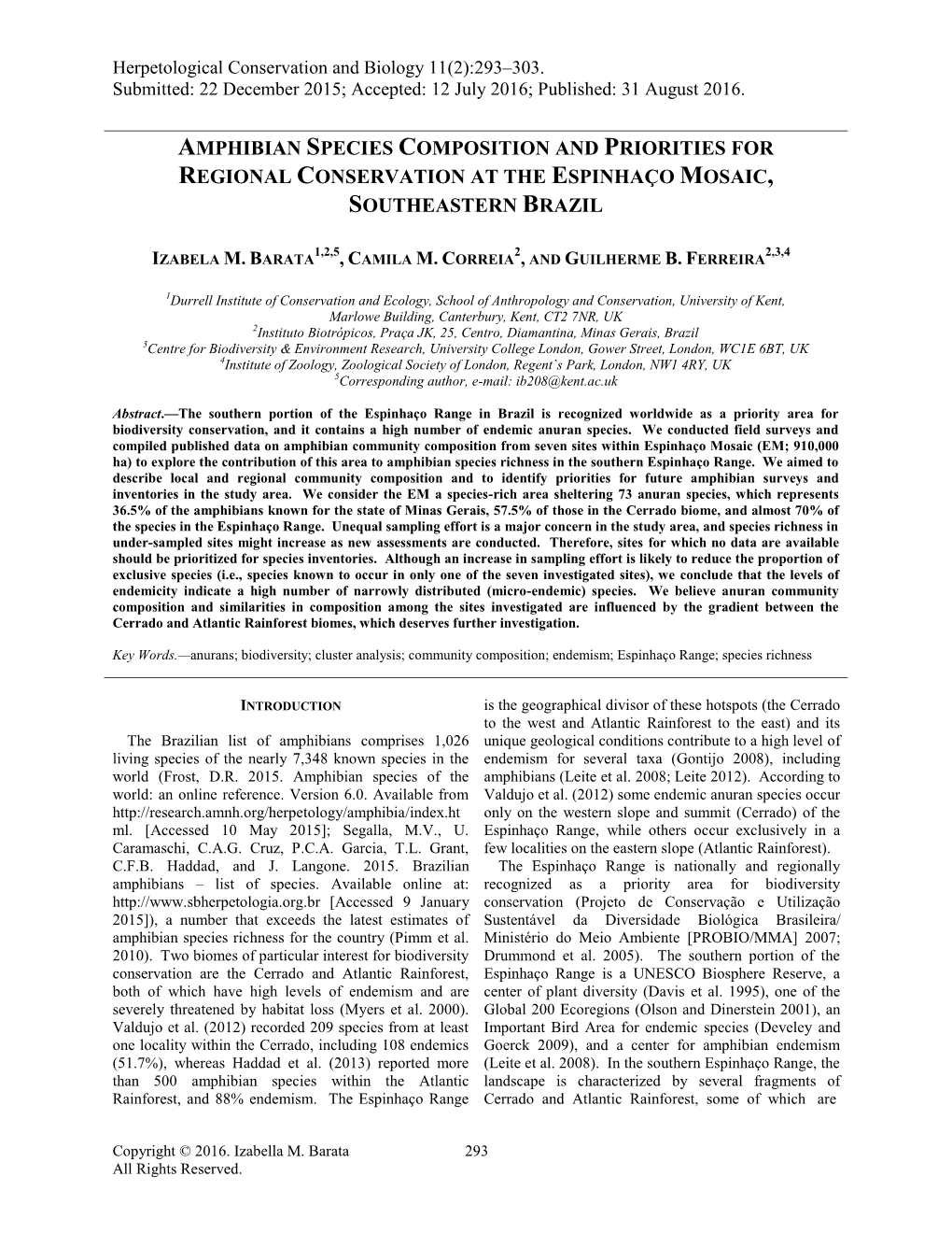 Amphibian Species Composition and Priorities for Regional Conservation at the Espinhaço Mosaic, Southeastern Brazil