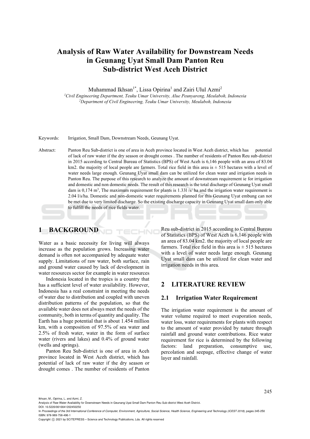 Analysis of Raw Water Availability for Downstream Needs in Geunang Uyat Small Dam Panton Reu Sub-District West Aceh District