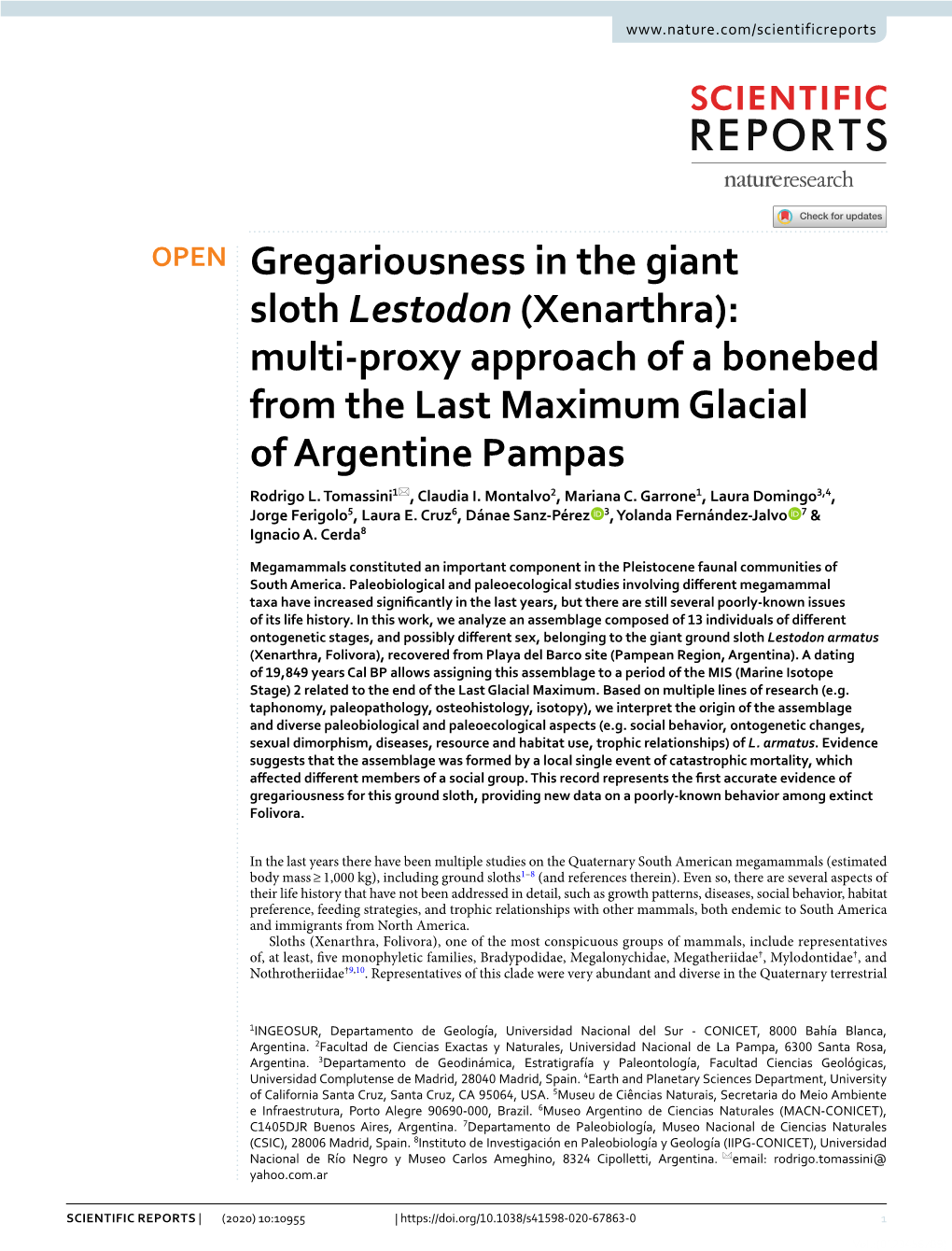 Gregariousness in the Giant Sloth Lestodon (Xenarthra): Multi‑Proxy Approach of a Bonebed from the Last Maximum Glacial of Argentine Pampas Rodrigo L