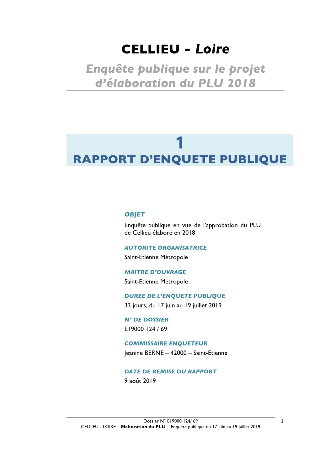 CELLIEU - Loire Enquête Publique Sur Le Projet D’Élaboration Du PLU 2018