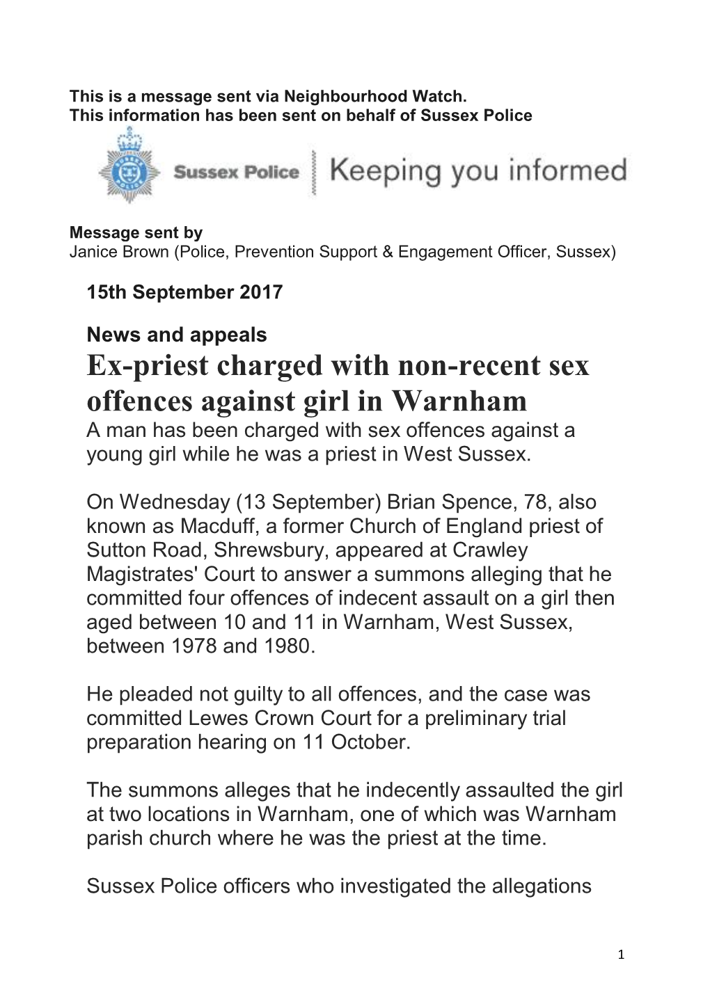 Ex-Priest Charged with Non-Recent Sex Offences Against Girl in Warnham