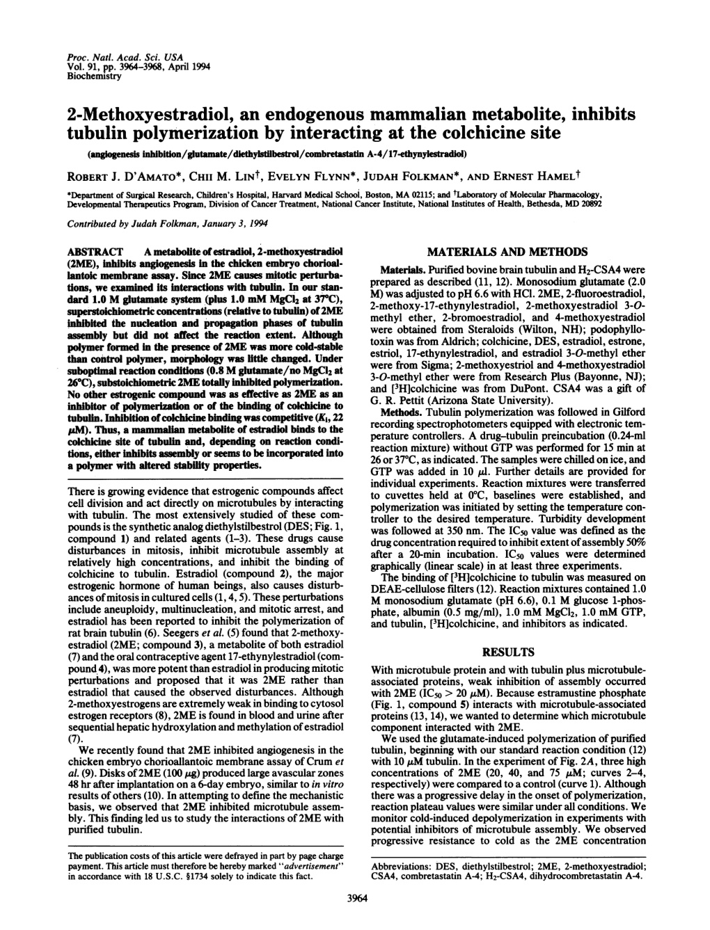 2-Methoxyestradiol, an Endogenous Mammalian Metabolite, Inhibits