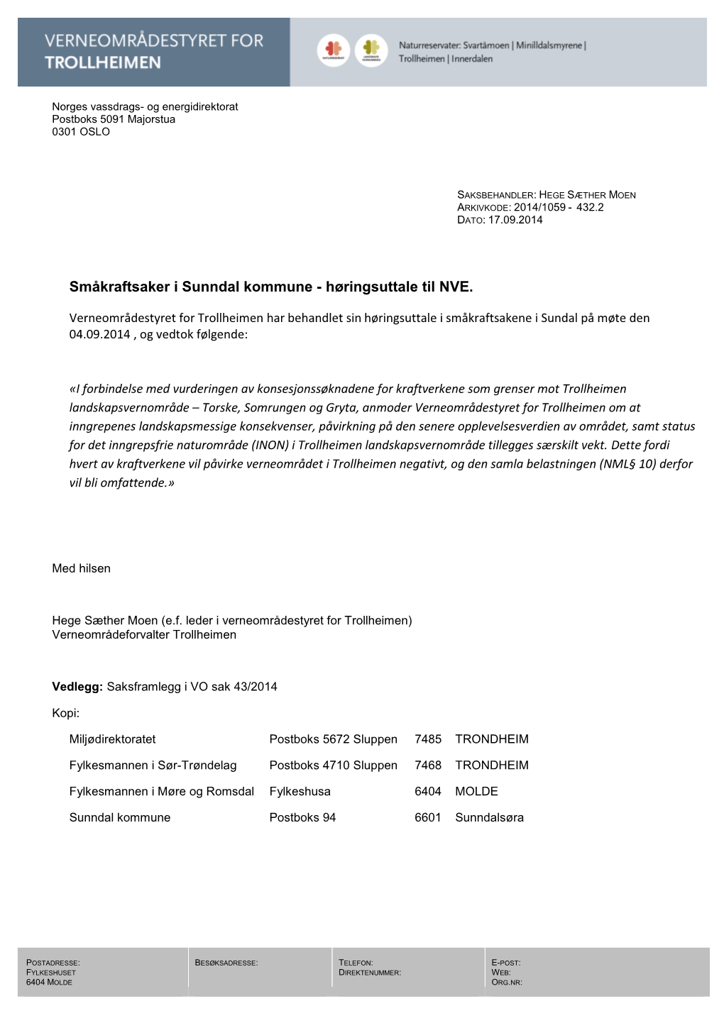 Småkraftsaker I Sunndal Kommune - Høringsuttale Til NVE