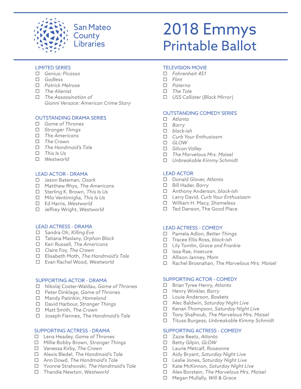 2018 Emmys Printable Ballot