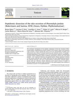 Peptidomic Dissection of the Skin Secretion of Phasmahyla Jandaia (Bokermann and Sazima, 1978) (Anura, Hylidae, Phyllomedusinae)