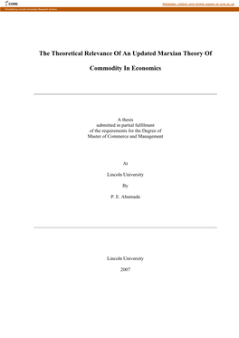 The Theoretical Relevance of an Updated Marxian Theory Of