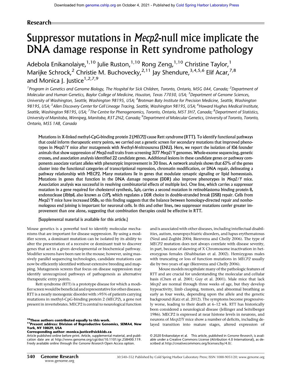 Suppressor Mutations in Mecp2-Null Mice Implicate the DNA Damage Response in Rett Syndrome Pathology