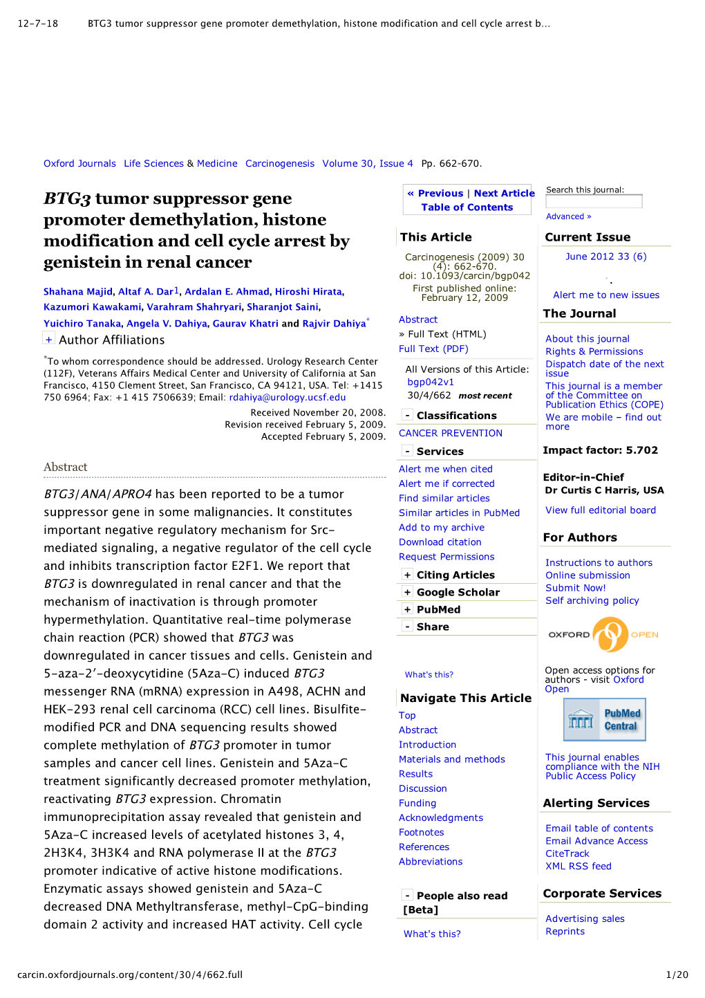 BTG3 Tumor Suppressor Gene Promoter Demethylation, Histone Modification and Cell Cycle Arrest B…