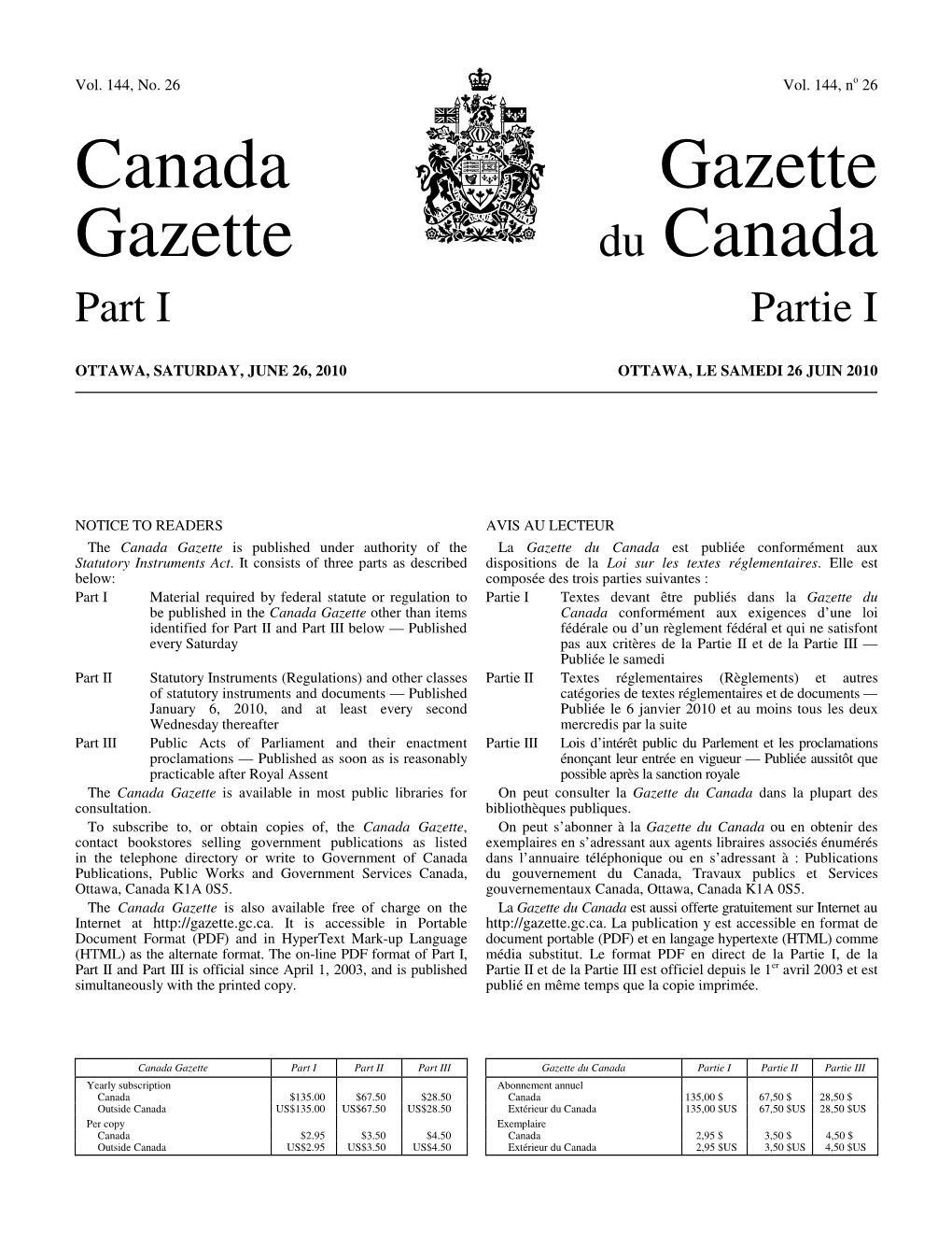 Canada Gazette, Part I