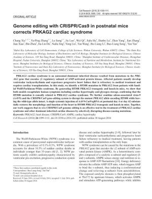 Genome Editing with CRISPR/Cas9 in Postnatal Mice Corrects PRKAG2 Cardiac Syndrome
