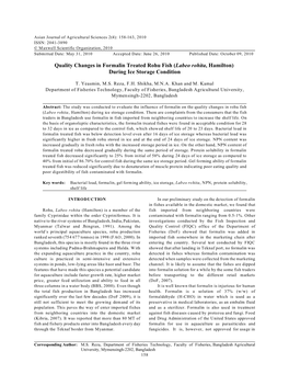 Quality Changes in Formalin Treated Rohu Fish (Labeo Rohita, Hamilton) During Ice Storage Condition