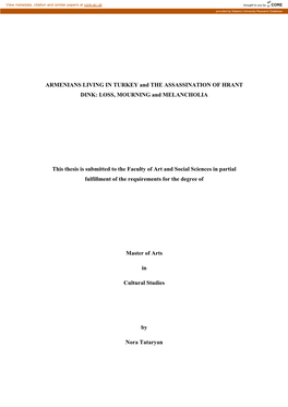 ARMENIANS LIVING in TURKEY and the ASSASSINATION of HRANT DINK: LOSS, MOURNING and MELANCHOLIA