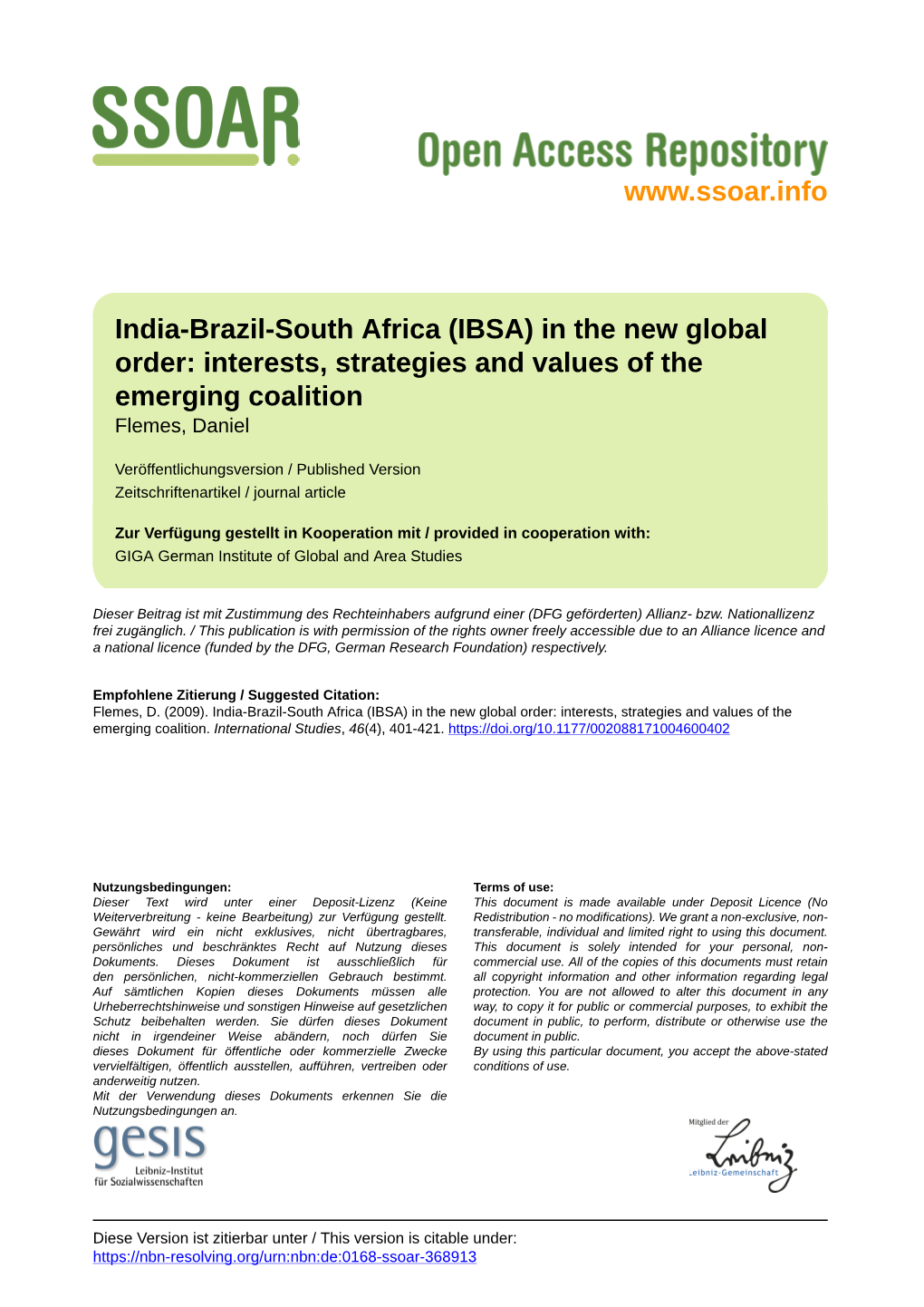 India-Brazil-South Africa (IBSA) in the New Global Order: Interests, Strategies and Values of the Emerging Coalition Flemes, Daniel