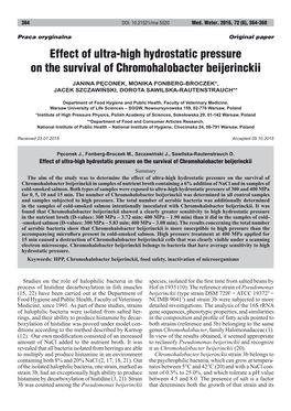 Effect of Ultra-High Hydrostatic Pressure on the Survival of Chromohalobacter Beijerinckii