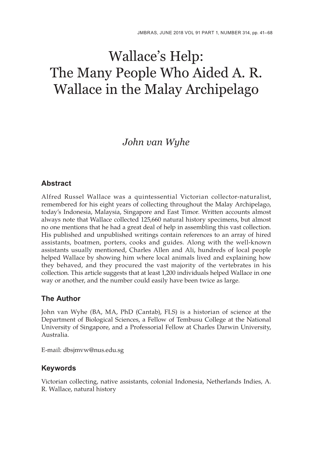 Wallace's Help: the Many People Who Aided A. R. Wallace in the Malay Archipelago