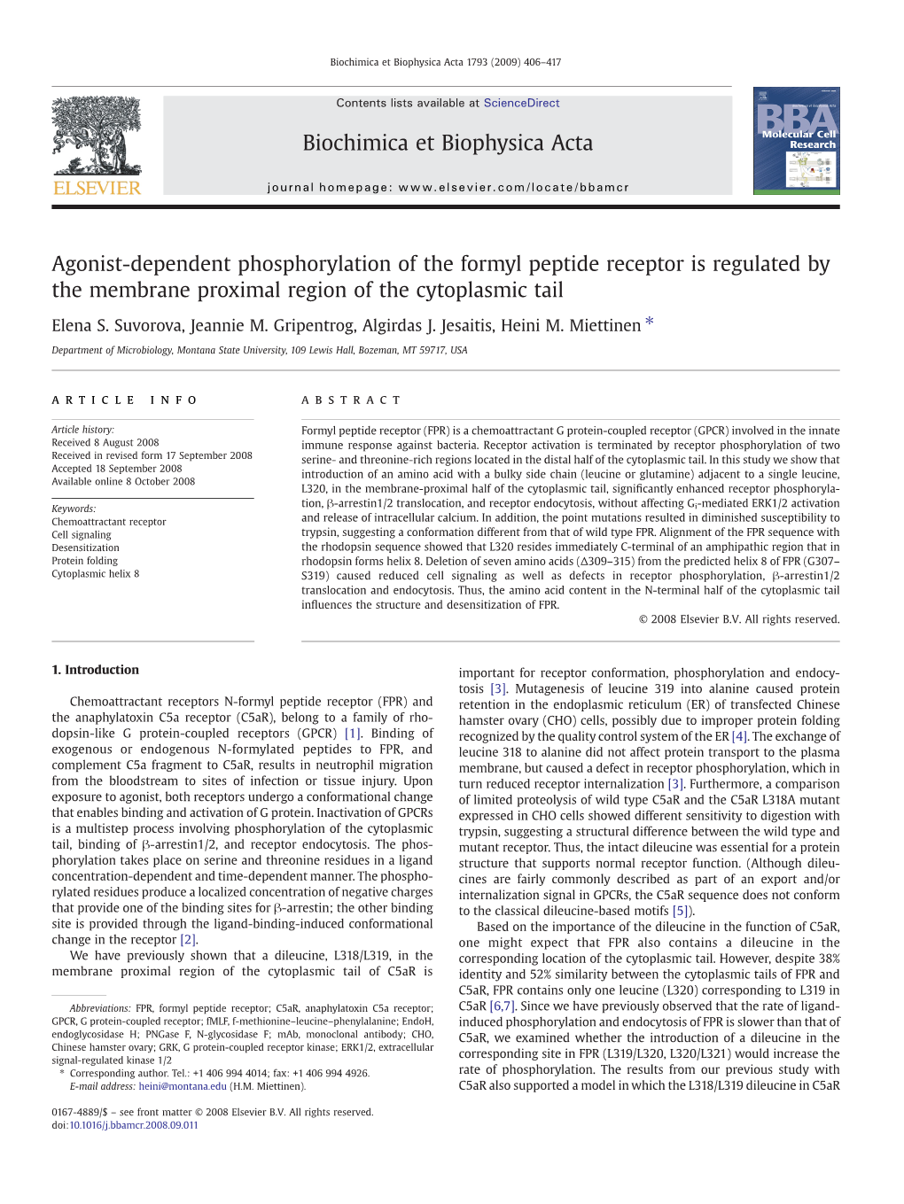 Agonist-Dependent Phosphorylation of the Formyl Peptide Receptor Is Regulated by the Membrane Proximal Region of the Cytoplasmic Tail