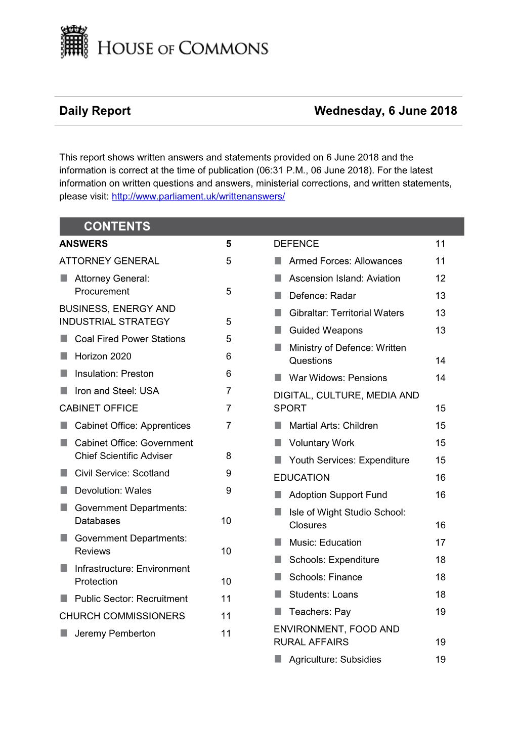 Daily Report Wednesday, 6 June 2018 CONTENTS