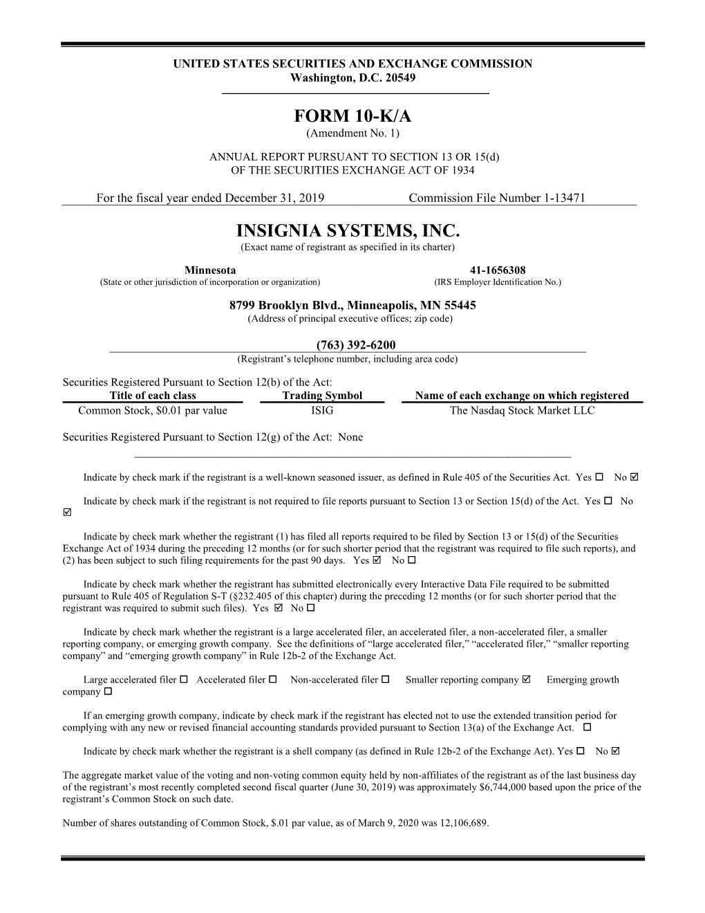 Form 10-K/A Insignia Systems, Inc