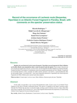 Record of the Occurrence of Lachesis Muta (Serpentes, Viperidae) in an Atlantic Forest Fragment in Paraíba, Brazil, with Comments on the Species’ Preservation Status