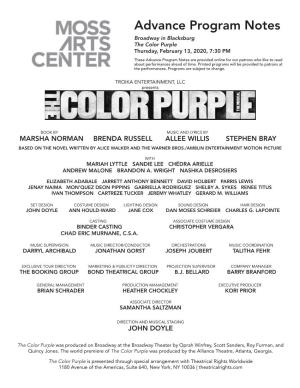 Advance Program Notes Broadway in Blacksburg the Color Purple Thursday, February 13, 2020, 7:30 PM