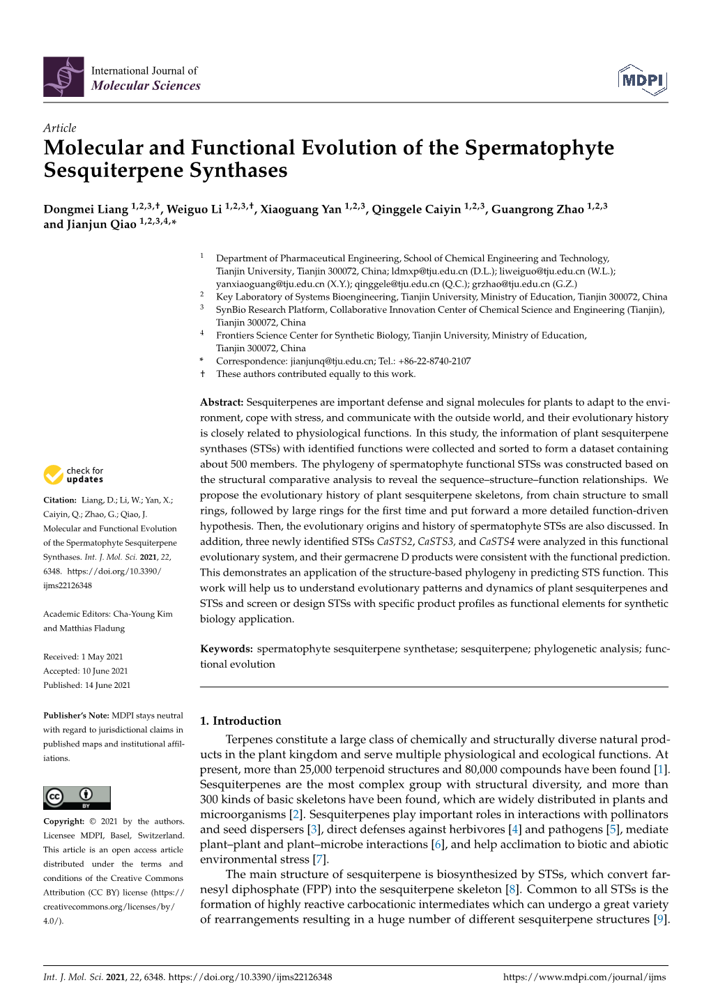 Molecular and Functional Evolution of the Spermatophyte Sesquiterpene Synthases