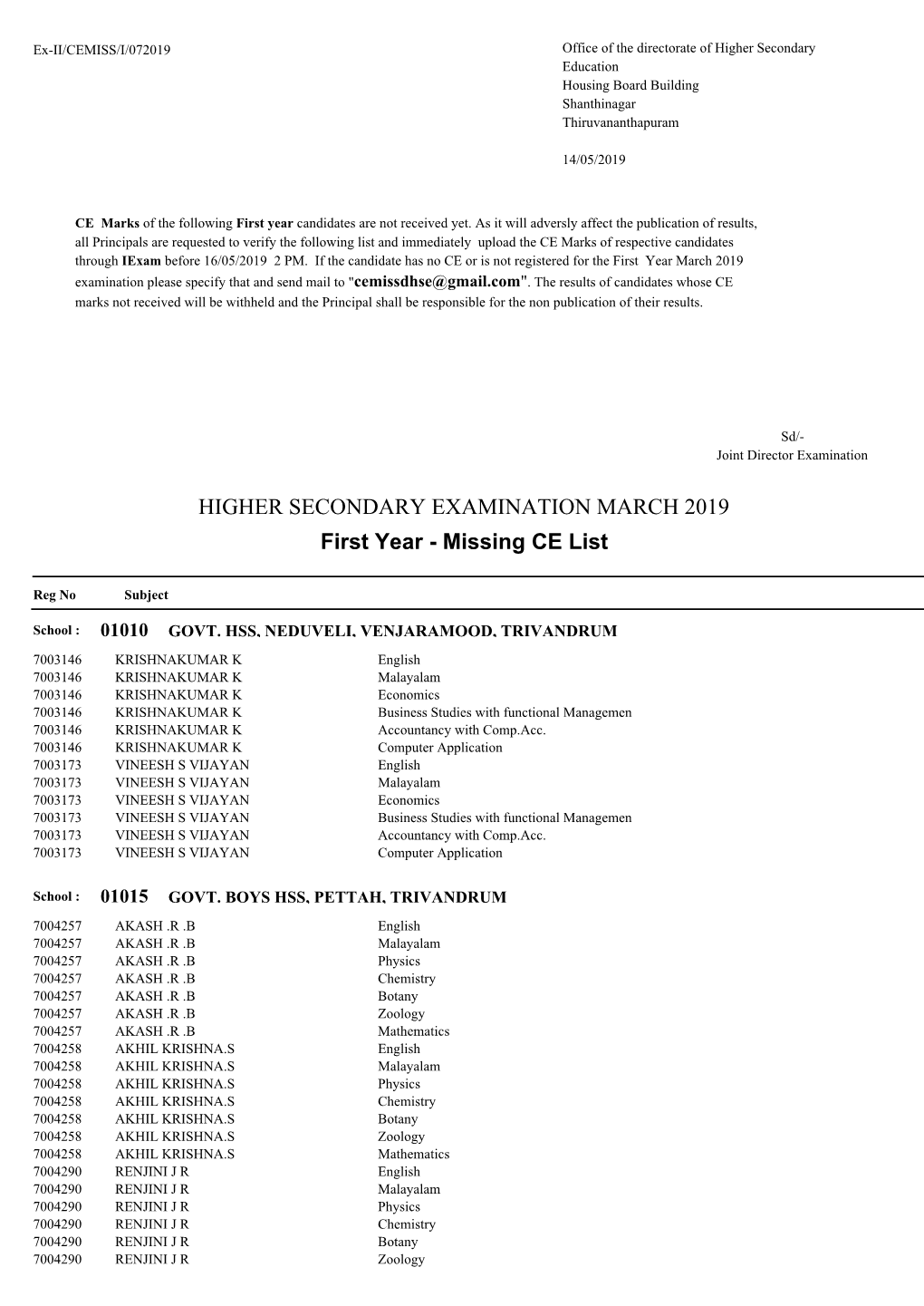 HIGHER SECONDARY EXAMINATION MARCH 2019 First Year - Missing CE List