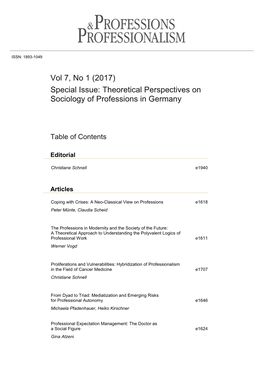 Vol 7, No 1 (2017) Special Issue: Theoretical Perspectives on Sociology of Professions in Germany
