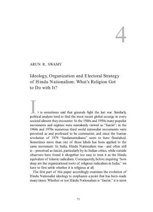 Ideology, Organization and Electoral Strategy of Hindu Nationalism: What’S Religion Got to Do with It?